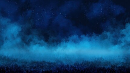 Wall Mural - A tranquil nighttime scene features a dark blue sky filled with stars above a misty landscape. Low-lying fog blankets the ground creating a serene and mysterious atmosphere.