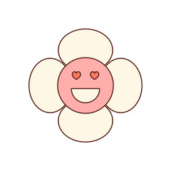 Wall Mural - Groovy retro flower with pink cartoon face and cute smile. Happy heart and love icon show playful y2k character, cute fun element in a colorful style, perfect for cheerful positive projects.