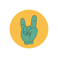 Wall Mural - Groovy hand sticker in retro badge style, flat yellow circle with playful symbol and label. Modern lid concept for package or y2k product accent, vibrant illustration for cool usage.