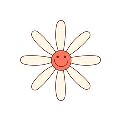 Wall Mural - Groovy retro daisy cartoon icon style with a happy smile and cute yellow flower look. Fun y2k vibe as a positive groovy element, playful mood for summer sticker, cheerful decor, or pop wallpaper