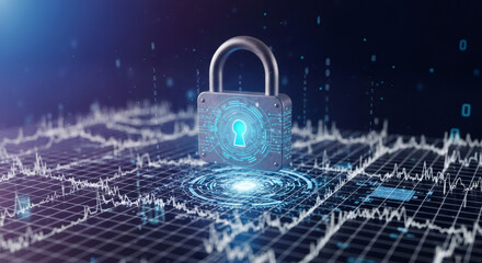 Padlock digital security on a grid with data wave. Data protection and cyber privacy concept. Network security and encryption technology.