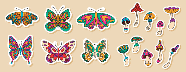 Wall Mural - Groovy retro butterfly and mushroom sticker set in bright colorful orange, with psychedelic and trippy doodle style. Funky y2k set includes groovy elements for playful vintage decor.