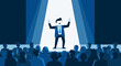 © Unip - Businessman giving a presentation on a stage to an audience in cartoon illustration form