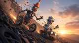Two funny scrap robots with wheels and tracks riding down a junkyard hill at sunset, sparks flying. Creative junk art with futuristic elements.
