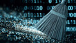 © karim - Conceptual image of a broom sweeping away glowing digital data particles against a binary code background.