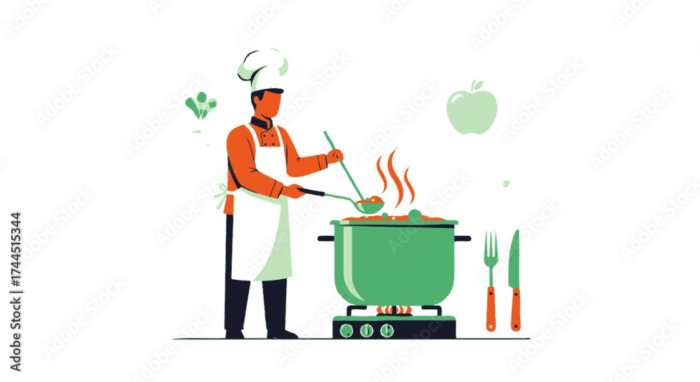 Chef Cooking and Preparing Dishes in the Kitchen with Illustrated Flat ...