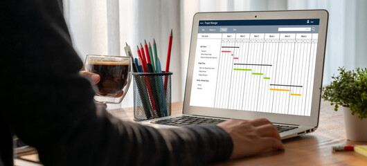 Wall Mural - Project planning software for modish business project management on the computer screen showing timeline chart of the team project