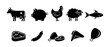 © Ezra - Farm animal and meat products icon set. Cow, pig, chicken, sheep, fish, steak, sausage, and meat cuts silhouette vector illustration.
