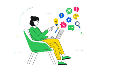 Creative Woman Working, Using Laptop, With Design Symbols and Innovative Concepts Visualized
