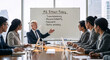© Eduardo Accorinti - Senior executive explaining company's AI Ethics Policy to business team during boardroom meeting, gesturing toward whiteboard and addressing transparency, accountability, fairness and data privacy