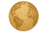Vintage world globe showing continents, displaying old map texture with ancient cartography details on transparent background