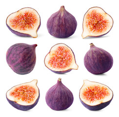 Wall Mural - Fresh sweet figs isolated on white, set. Whole and halves