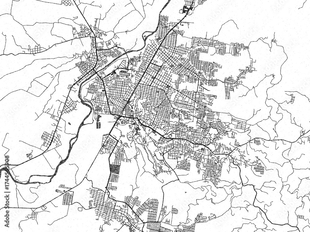 Illustrated city map of Poza Rica de Hidalgo, Mexico, in black and ...