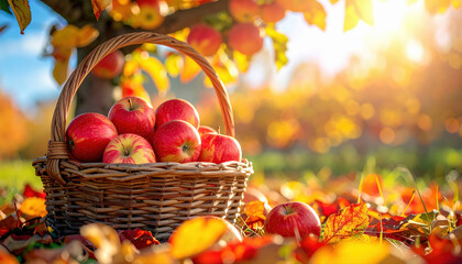 Wall Mural - Freshly picked apples in a basket under an apple tree in the autumn garden, surrounded by colorful autumn leaves and trees. Closeup with copy space.