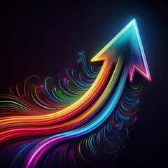 Wall Mural - A vibrant, glowing arrow ascends against a dark backdrop, representing growth and progress. Hints of rainbow colours stream behind, symbolizing energy and momentum toward achieving goals.