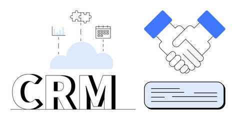 CRM text beneath a cloud connecting analytics, scheduling, and puzzle icons paired with shaking hands and a book. Ideal for customer relationship, collaboration, business, strategy, marketing