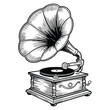 © Nass Studio - Vector illustration of gramophone in hand drawn engraving style suitable for vintage music posters, retro banners, and decorative artwork elements