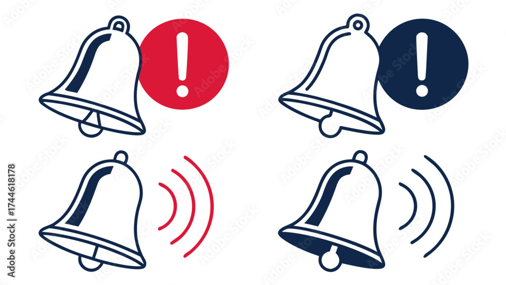 Four variations of a bell icon, depicting alert and notification ...
