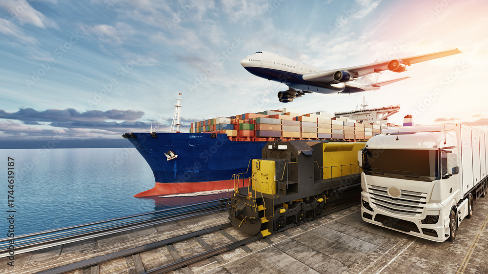 Global logistics and transportation system with cargo ship, truck ...