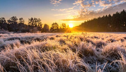 Wall Mural - Frosty grasslands basking in golden sunrise, showcasing nature's beauty and tranquility at dawn