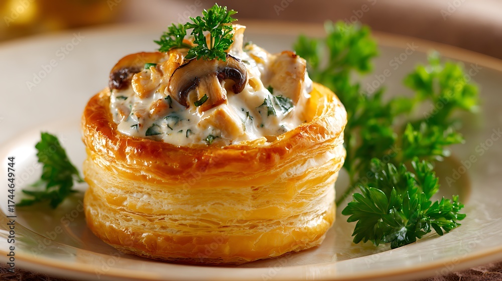 Belgian vol-au-vent isolated on a porcelain plate, round puff pastry ...