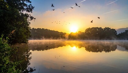 Wall Mural - Serene sunrise over a tranquil lake with mist, birds in flight, and lush greenery reflecting in water