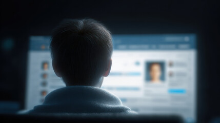 Person viewing fake news on computer screen in dark room with blurred profile and text