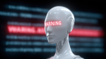Warning message on futuristic robot head with fake news concept in digital background