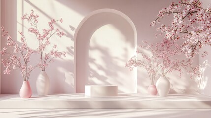 Pink cherry blossom display podium, sunlight, empty stage. Possible use product presentation