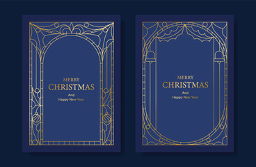Wall Mural - Christmas and Happy Holidays card vector set. Glasswork decorative, gothic stained glass and christmas ornament on navy blue background. Design illustration for poster, cover, product, ads.