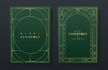 Wall Mural - Christmas and Happy Holidays card vector set. Glasswork decorative, gothic stained glass on green background. Design illustration for poster, cover, product, ads.