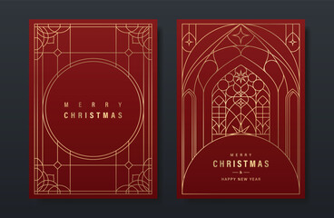 Wall Mural - Christmas and Happy Holidays card vector set. Glasswork decorative, gothic stained glass on red background. Design illustration for poster, cover, product, ads.