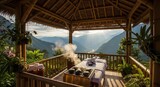 Bamboo spa gazebo with massage bed overlooking mountains and valleys