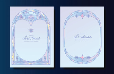 Wall Mural - Christmas and Happy Holidays card vector set. Glasswork decorative, gothic stained glass and christmas ornament on blue background. Design illustration for poster, cover, product, ads.