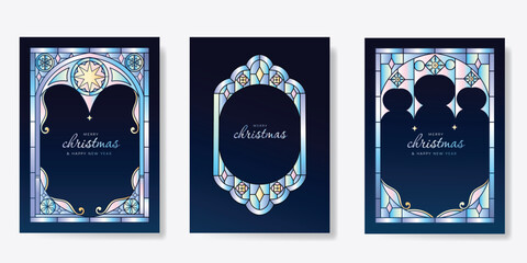 Wall Mural - Christmas and Happy Holidays card vector set. Glasswork decorative, gothic stained glass and christmas ornament on navy blue background. Design illustration for poster, cover, product, ads.