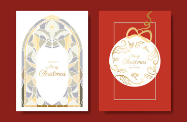 Wall Mural - Christmas and Happy Holidays card vector set. Glasswork decorative, gothic stained glass and christmas ornament on white and red background. Design illustration for poster, cover, product, ads.