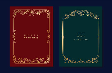 Wall Mural - Christmas and Happy Holidays card vector set. Luxury gold victorian frame, leaves branch, snowflake on green and red background. Design illustration for poster, cover, invitation, ads.