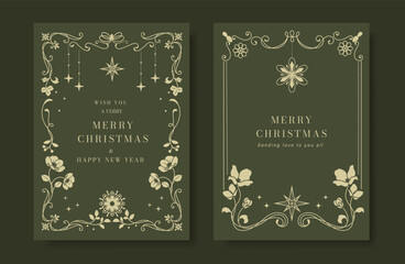 Wall Mural - Christmas and Happy Holidays card vector set. Luxury gold victorian frame, leaves branch, flower, sparkle, star, corner on green background. Design illustration for poster, cover, invitation, ads.
