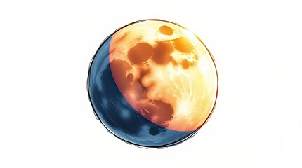 Wall Mural - A hand-drawn sketch of a bird's eye view moon, rendered in a color sketchnote style, bathed in warm golden hour light just after sunrise or before sunset, presented in a top-down perspective