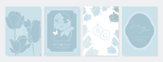 Wall Mural - Wedding invitation card background vector set. Minimal hand drawn blue flower, butterfly, ring and frame. Design for wedding, vip cover template, rsvp modern card, poster.