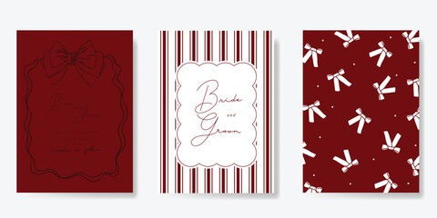 Wall Mural - Wedding invitation card background vector set. Minimal hand drawn  ribbon frame and pattern. Design for wedding, vip cover template, rsvp modern card, poster.