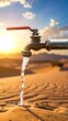 © stereo - Clear water flowing from a faucet into a sun-drenched desert landscape