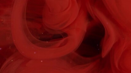 Wall Mural - Vapor mix. Fog ink swirl. Red paint blending in art defocused fluid. Hypnotic sparkling stream color curl abstract black background.