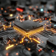 Canvas Print - Abstract Close Up View of Futuristic CPU Core with Glowing Elements