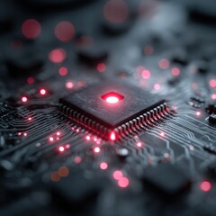 Canvas Print - Futuristic Abstract Close-Up View of CPU Core with Red Highlights