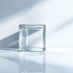 Wall Mural - Clear Glass Cube on White Surface with Soft Shadows
