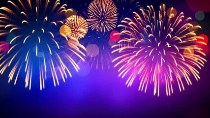 Colorful fireworks exploding in night sky, creating festive atmosphere with bokeh light for celebration, holiday, and party concept