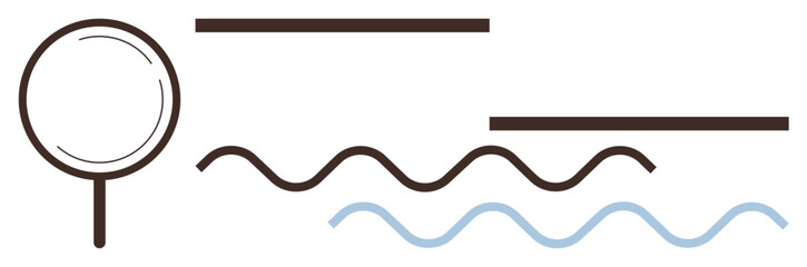 Magnifying glass inspecting straight, wavy, and flowing lines symbolizing focus, analysis, precision, and organization. Ideal for research, investigation, data clarity quality control