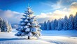 © Sinta - Snow Covered Evergreen Tree in Winter Landscape with Blue Sky and Soft Sunlight at Dawn or Dusk Forest Scene and Serene Snowy Ambiance