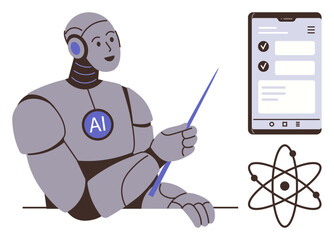 Robot with AI label uses pointer, highlighting mobile interface with tasks and atomic diagram. Ideal for technology, education, innovation, AI, science, research and productivity. Simple flat